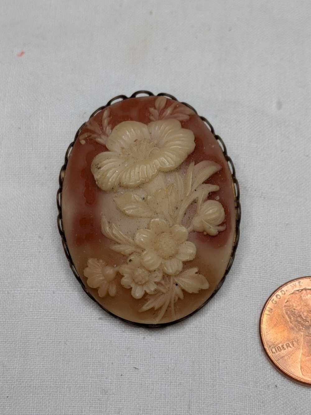 Vintage Floral Shell Cameo Brooch Victorian Revival Pin 2"